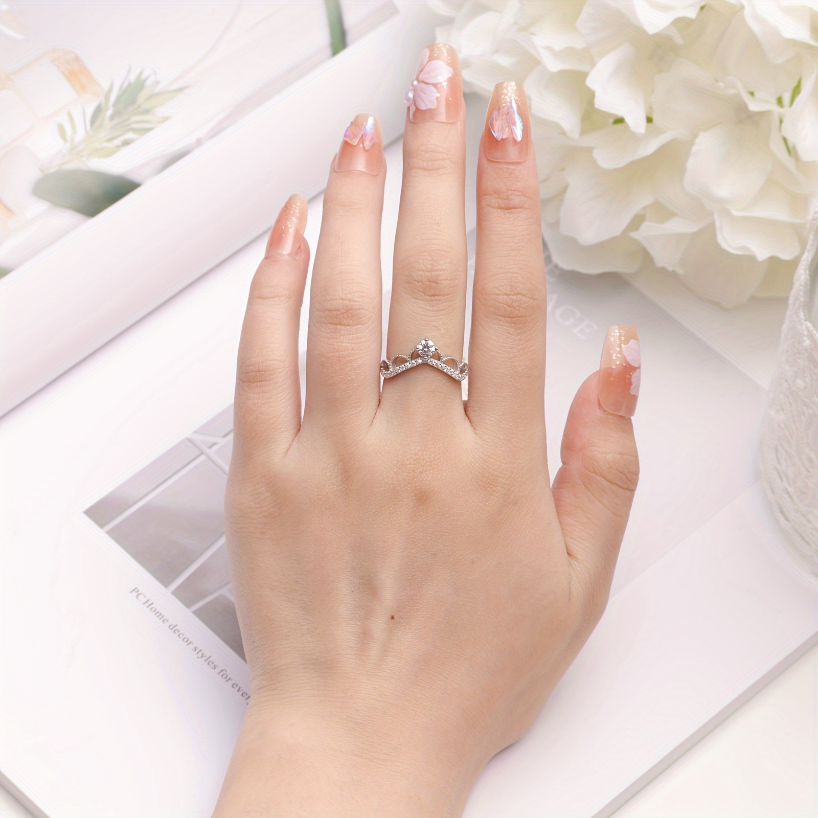 S925 Silver Ring Moissanite Stone Crown Tiara Wedding Band Mother's Ring